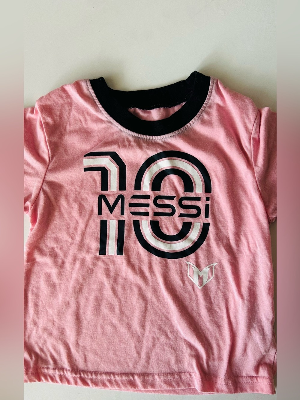 Kids Pink Messi Graphic Tee with Black Trim
